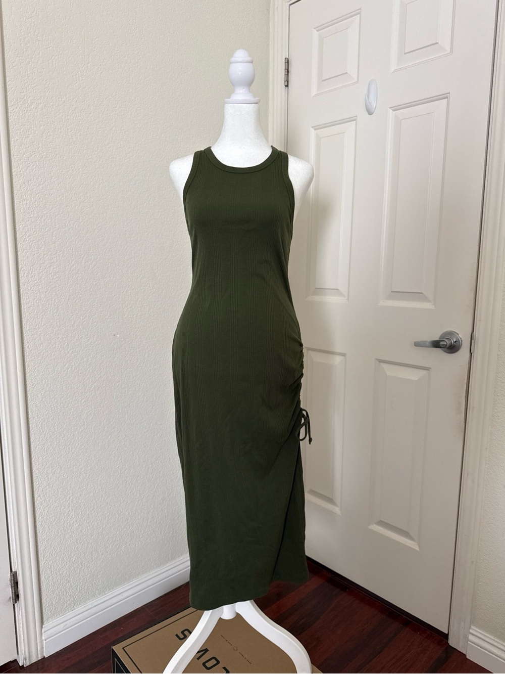 aerie Olive Green Ribbed Racerback Midi Dress with Side Tie